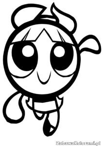 Kolorowanka Bójka – uproszczona postać Bójki z Atomówek do pokolorowania z dużymi okrągłymi oczami, uśmiechniętym wyrazem twarzy, dwoma widocznymi pasmami włosów po bokach głowy i koszulą z krawatem