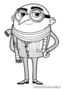 Kolorowanka Gru - postać Gru w długim płaszczu, w okularach