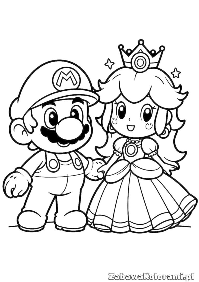 Kolorowanka Mario i ksiezniczka – Mario i księżniczka Peach w uproszczonej wersji do pokolorowania