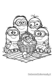 Kolorowanka Minionki - cztery Minionki na pikniku z koszem pełnym owoców