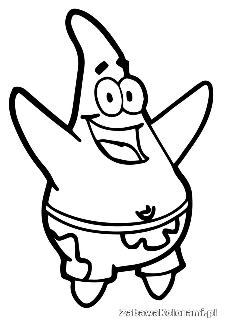 Kolorowanka Patrick Rozgwiazda z Sponge Bob - przyjaciele razem. Patrick Rozgwiazda ma duże oczy, uśmiechniętą twarz i pięć ramion. Noszy krótkie spodenki.