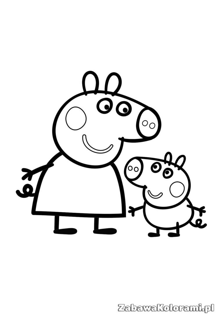 Kolorowanka Peppa i George – dziewczynka w sukni i chłopiec w spojrzeniu do góry