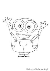 Kolorowanka Minionka – Minionek śmiejący się do łez w kombinezonie z paskami i guzikami