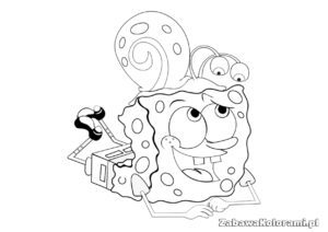 SpongeBob trzymający Krabby Patty, obok ślimak Gary