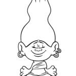 Kolorowanka Trole - postać Strumyk z charakterystyczną fryzurą, ubrana w koszulę, siedzi z zakrzyżowanymi nogami i uśmiecha się