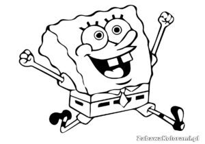 Uśmiechnięty SpongeBob w białej koszuli z czerwonym krawatem, brązowych spodniach i uniesionymi rękami