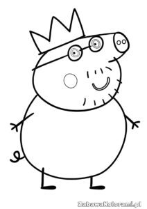 Kolorowanka Peppa - Tata Świnka z koroną na głowie i uśmiechniętą twarzą