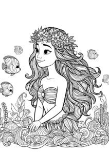 Kolorowanka Vaiana - Te Fiti z kwiatową koroną otoczona roślinnością morską, rybami i koralami