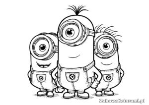 Kolorowanka Minionki - trzy stworki w ubrankach z symbolami na kieszeniach