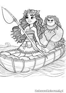 Kolorowanka Vaiana - Vaiana z kwiatową koroną trzymająca wiosło i Maui z tatuażami siedzący w łódce