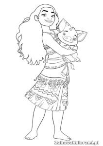 Kolorowanka Vaiana - Vaiana z uśmiechem trzymająca świnkę Pua