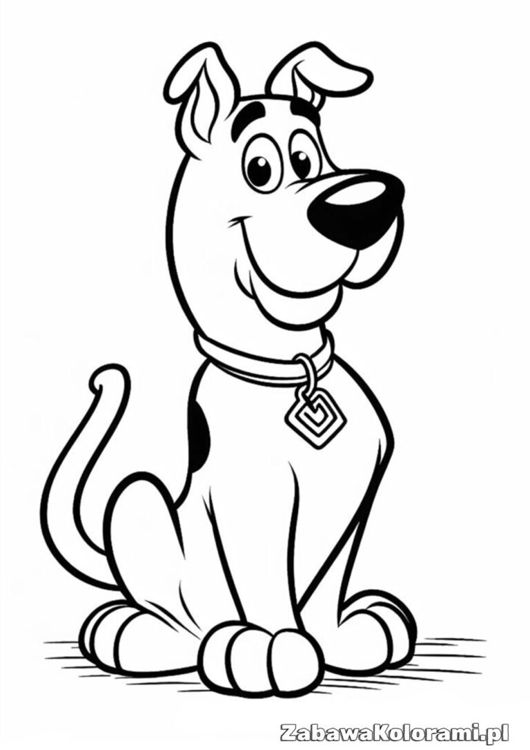 Kolorowanka Scooby Doo – postać Scooby'ego Doo do pokolorowania z uśmiechniętą twarzą i obrożą