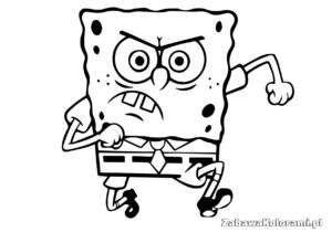 SpongeBob SquarePants ze złością na twarzy, w białej koszuli z czerwonym krawatem, z uniesioną ręką i zaciśniętą pięścią