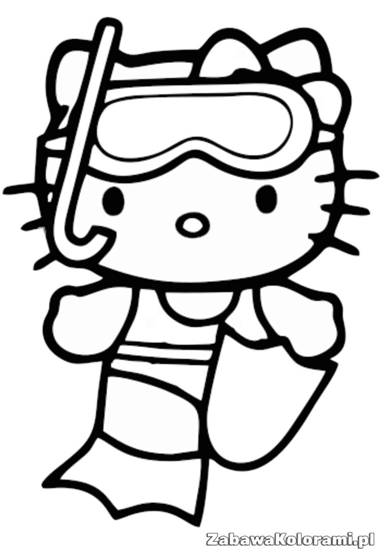 Hello Kitty w stroju kąpielowym z ręcznikiem na ramieniu i okularami do pływania
