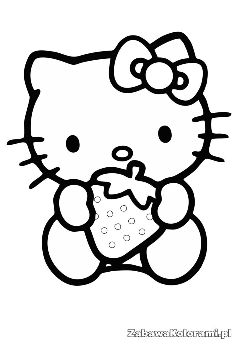 Hello Kitty z truskawką i kokardką na głowie, truskawka z liściem i kropkami