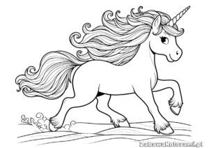 Kolorowanka jednorożec w galopie - jednorożec w ruchu z grzywą i ogonem, z detalicznymi wzorami, kwiat w pobliżu