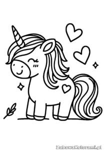 Kolorowanka jednorożec z sercami - ilustracja z jednorożcem i unoszącymi się serduszkami