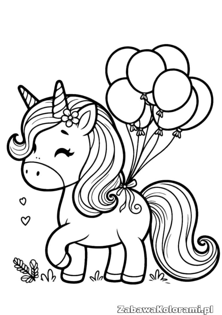 Kolorowanka z jednorogiem z balonami - ilustracja z magicznym stworzeniem z kwiatem na czole i balonami w ręku, z serduszkami i listkami wokół