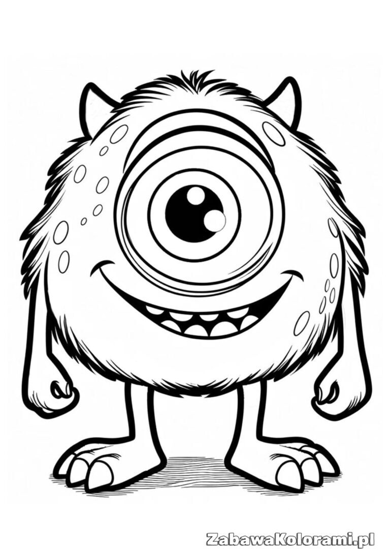 Mike Wazowski - potwór z jednym okiem, przyjazny uśmiech, dwie nogi, zgięte ręce, teksturowana skóra, małe rogi na głowie