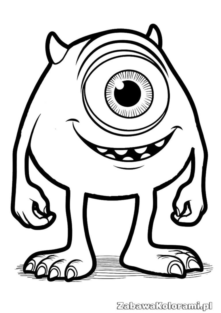 Mike Wazowski z jednym okiem, szerokim uśmiechem i ząbkami, z ramionami i nogami