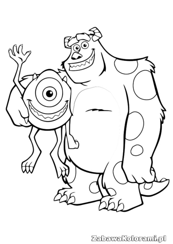 Mike Wazowski i James P. Sullivan razem, Mike Wazowski ma jedno oko i jest okrągły, James P. Sullivan ma plamy