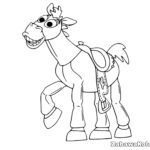 Mustang z filmu Toy Story w szlachetnej pozie, z szerokim uśmiechem, w siodle z ozdobnym rogiem