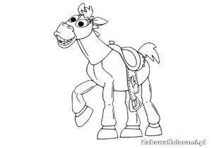 Mustang z filmu Toy Story w szlachetnej pozie, z szerokim uśmiechem, w siodle z ozdobnym rogiem