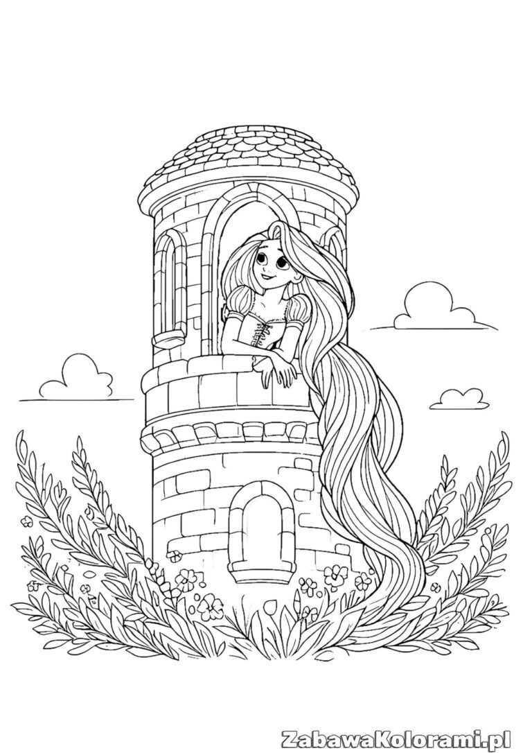 Roszpunka w wieży kolorowanka - ilustracja z bajki Disneya