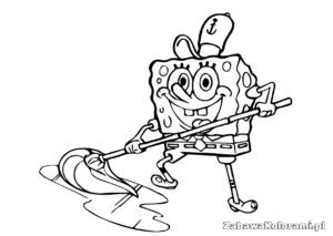 SpongeBob SquarePants trzymający miotłę i sprzątający