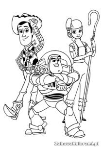 Szeryf Chudy w kapeluszu kowbojskim i w kratkowanej koszuli z lasem, Buzz w hełmie i kombinezonie astronauty, Bou w stroju pasterki z lasem i wstążką na głowie