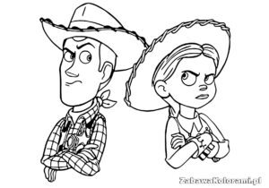 Szeryf Chudy i Jessie z Toy Story w kapeluszach kowbojskich. Szeryf Chudy ma zbroję i gwiazdkę, Jessie ma chustę na szyi
