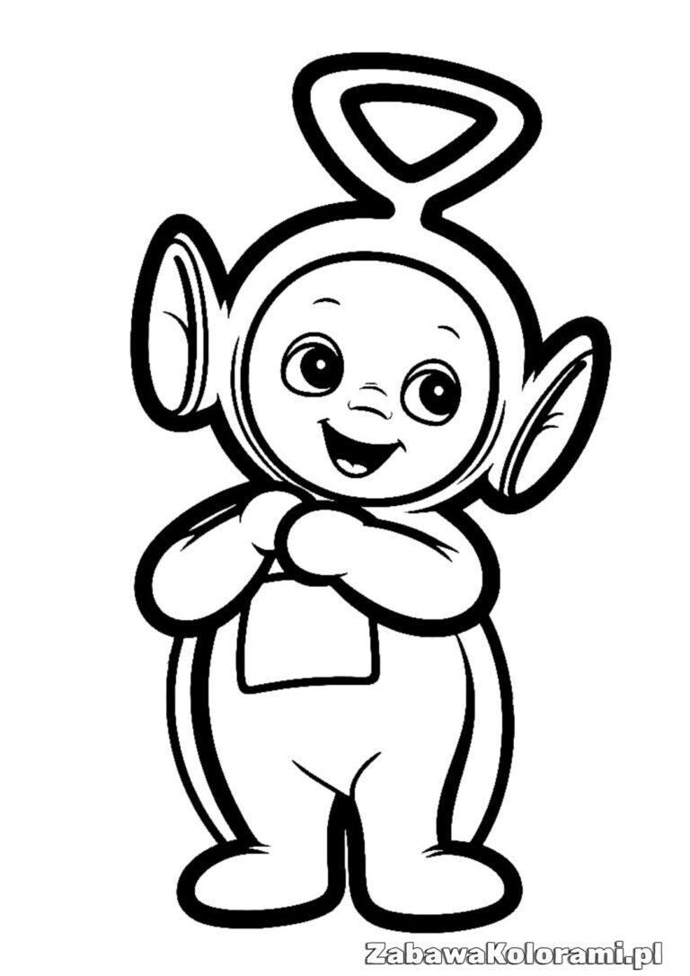 Po z Teletubbies - Kolorowanka Teletubisie do druku z dużymi uszami, anteną i uśmiechem, z prostokątną łatką na brzuchu