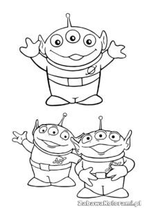 Kolorowanka zielonych kosmitów z Toy Story z dużymi okrągłymi głowami, dużymi oczami, antenami na głowach, kosmicznymi ubraniami z paskiem i małym emblematem planety na piersi