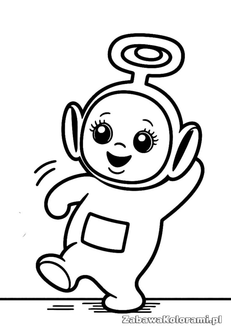 Kolorowanka Teletubbies z postacią o zaokrąglonej głowie, dużych oczach, uśmiechniętej twarzy, kieszeni na przedzie ciała, oraz dwóch uniesionych rękach, z których jedna macha