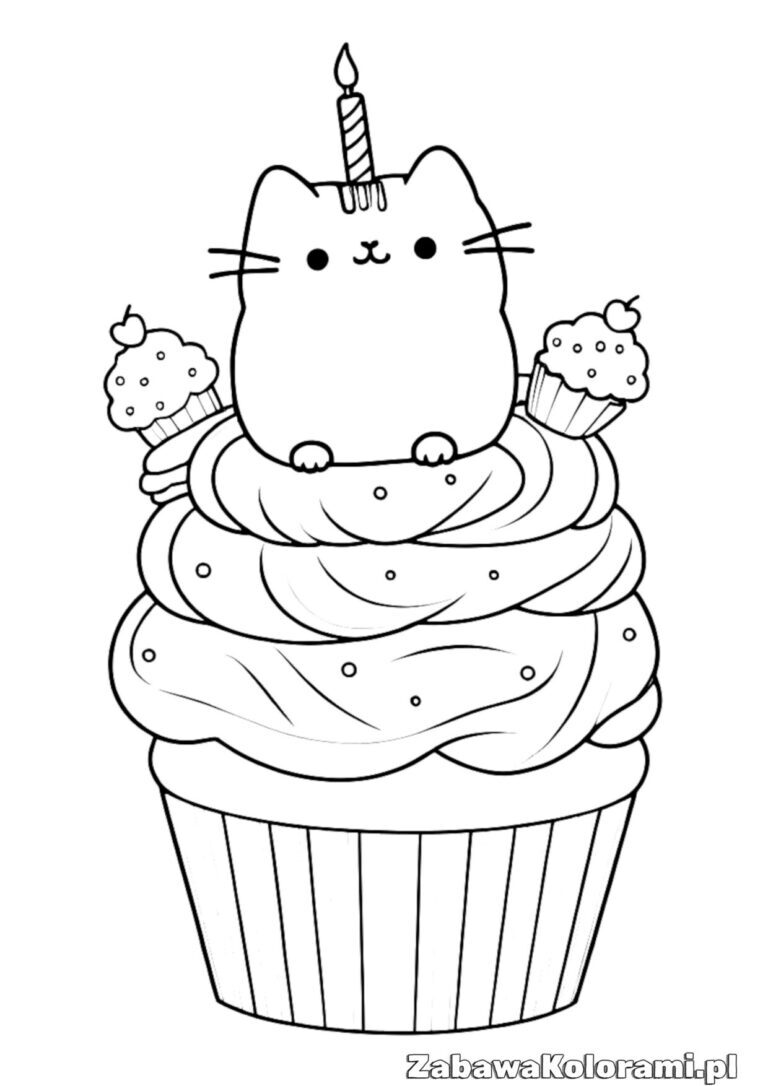 pusheen z babeczką, kot, słodycze, malowanka