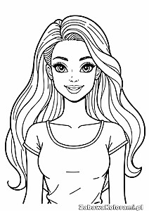 Kolorowanka Barbie – ikoniczna lalka z długimi falowanymi włosami, uśmiechnięta twarz z wyraźnymi rysami, bez rękawowa bluzka