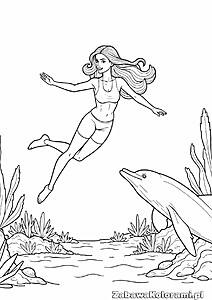 Kolorowanka Barbie z delfinem – syrenka z długimi włosami, delfin, koral i wodorosty