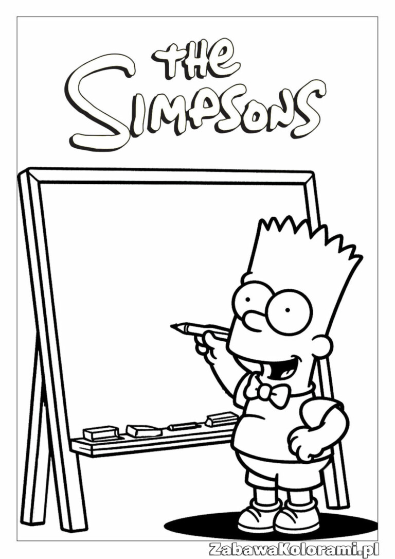 Bart Simpson trzymający ołówek, stoi przed sztalugą z artykułami malarskimi, napis Simpsonowie nad sztalugą