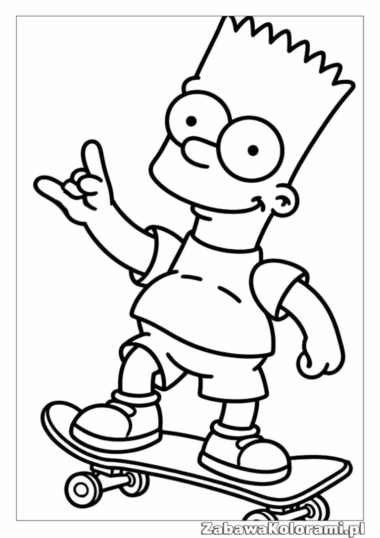 Bart Simpson na skateboardzie, postać z kreskówki, spikany włos, okulary, dżinsy, t-shirt, ręka w znaku pokoju