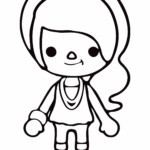 Kolorowanka dziewczynka z dużymi oczami, uśmiechem, opaską na głowie, bluzką, spódniczką, butami