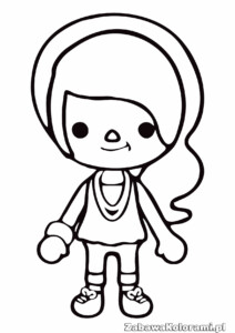 Kolorowanka dziewczynka z dużymi oczami, uśmiechem, opaską na głowie, bluzką, spódniczką, butami