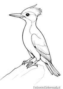 Kolorowanka dzięcioł – ptak z charakterystycznym czubem i długim ogonem siedzący na gałęzi