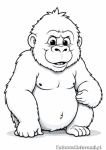 Kolorowanka goryl - małpa siedząca z rękami na kolanach, z przyjazną miną, dużymi oczami i szerokim uśmiechem
