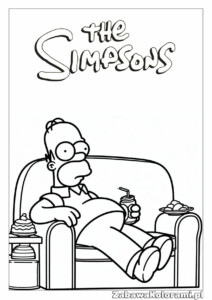 Kolorowanka Homer Simpson z serialu Simpsonowie, postać siedząca na kanapie, trzyma puszka piwa, obok donut, tytuł Simpsonowie