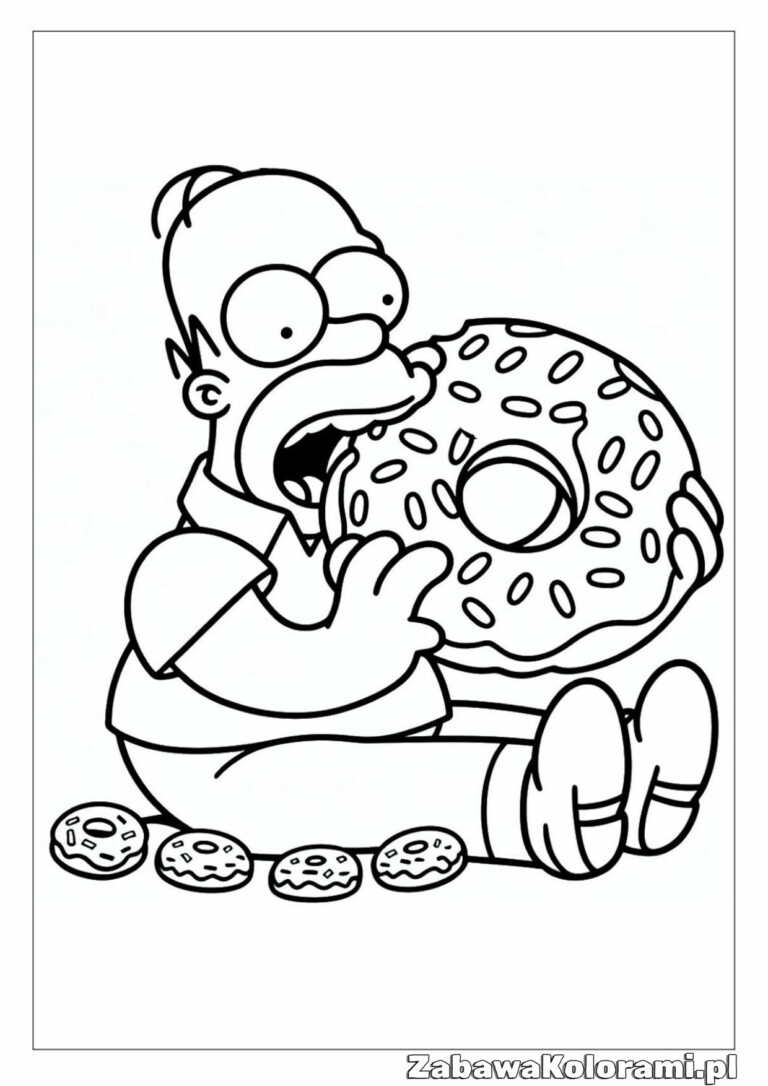 Kolorowanka Homer Simpson z pączkami, postać z pączkami, serial animowany