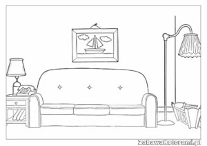 Kolorowanka kanapa Simpsonowie, sofa z poduszkami, telefon, lampy, ramka z obrazkiem, stelaż z magazynami