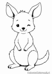 Kolorowanka Kangur z długimi uszami, siedzący z przednimi łapkami na brzuchu, przyjazny wyraz twarzy