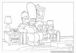 Kolorowanka Simpsonowie, rodzina, animacja, do druku, telewizor, statek żaglowy, lampa, telefon