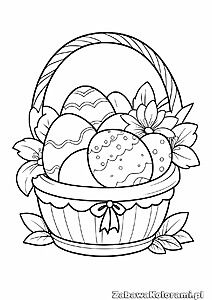 Kolorowanka wielkanocna – koszyczek z pisankami o różnych wzorach, otoczony kwiatami i liśćmi