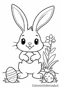 Kolorowanka wielkanocna – króliczek z kwiatkiem w ręku, jajka w paski i kropki, trawa i liście